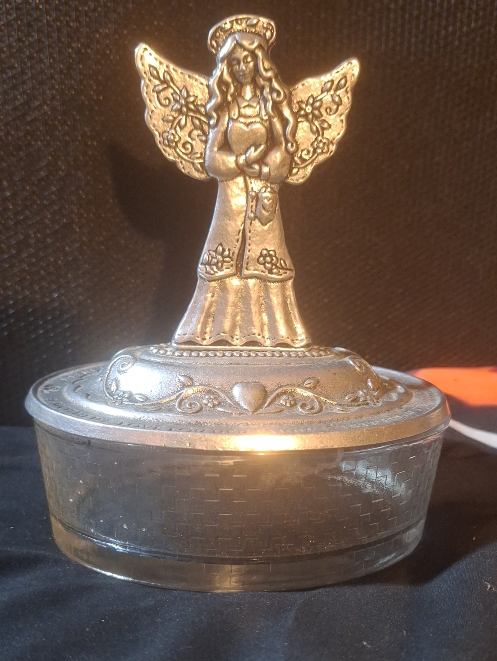 Vintage 2002 Carson Pewter Lid with Glass Bowl Mother Angel Trinket Box